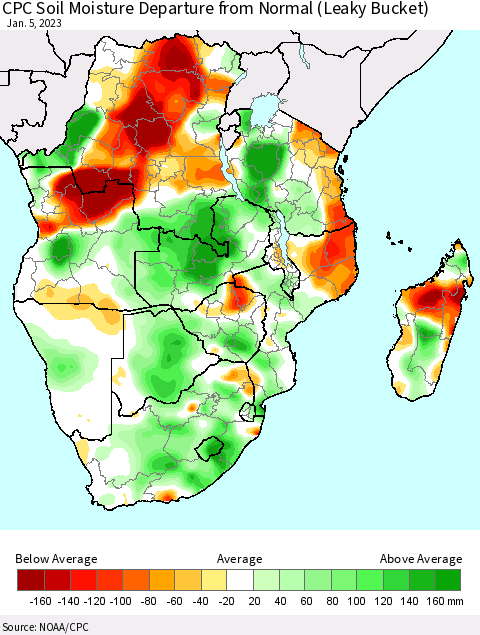 Southern Africa CPC Soil Moisture Departure from Normal (Leaky Bucket) Thematic Map For 1/1/2023 - 1/5/2023