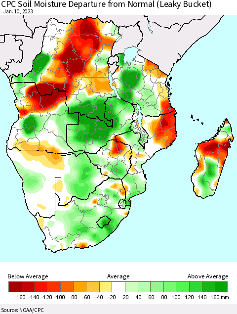 Southern Africa CPC Soil Moisture Departure from Normal (Leaky Bucket) Thematic Map For 1/6/2023 - 1/10/2023