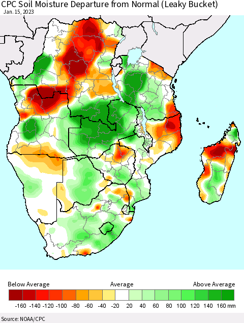 Southern Africa CPC Soil Moisture Departure from Normal (Leaky Bucket) Thematic Map For 1/11/2023 - 1/15/2023