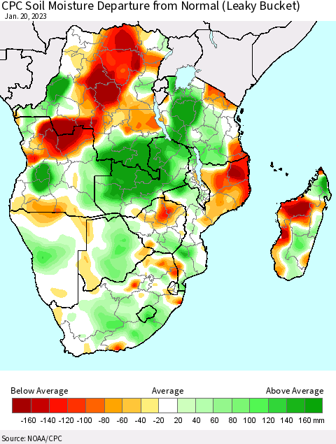 Southern Africa CPC Soil Moisture Departure from Normal (Leaky Bucket) Thematic Map For 1/16/2023 - 1/20/2023