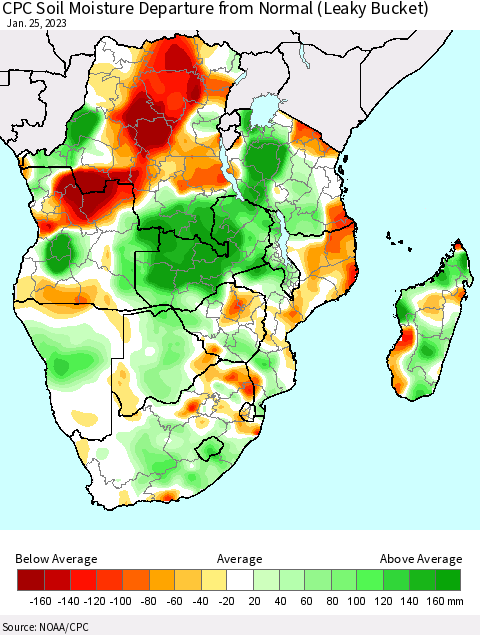 Southern Africa CPC Soil Moisture Departure from Normal (Leaky Bucket) Thematic Map For 1/21/2023 - 1/25/2023