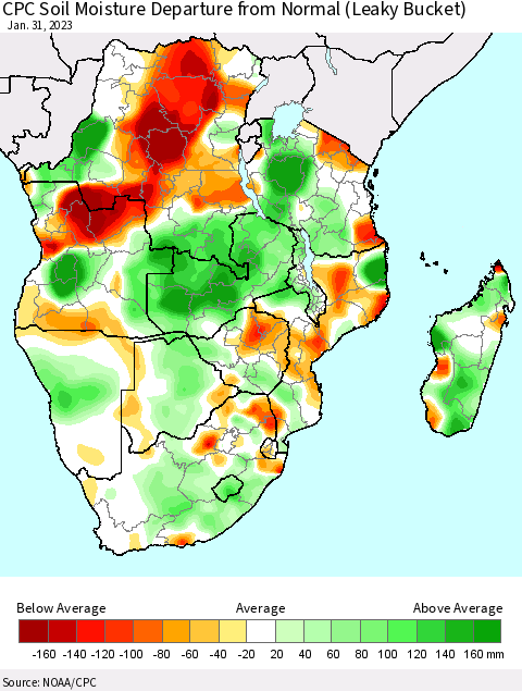 Southern Africa CPC Soil Moisture Departure from Normal (Leaky Bucket) Thematic Map For 1/26/2023 - 1/31/2023