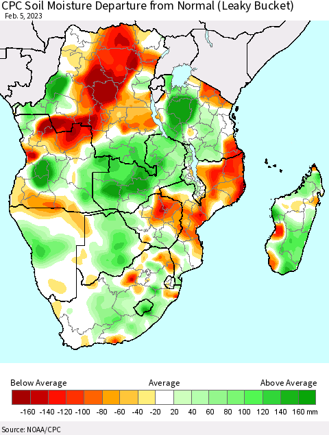 Southern Africa CPC Soil Moisture Departure from Normal (Leaky Bucket) Thematic Map For 2/1/2023 - 2/5/2023