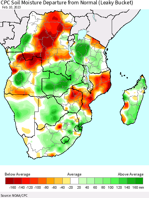 Southern Africa CPC Soil Moisture Departure from Normal (Leaky Bucket) Thematic Map For 2/6/2023 - 2/10/2023