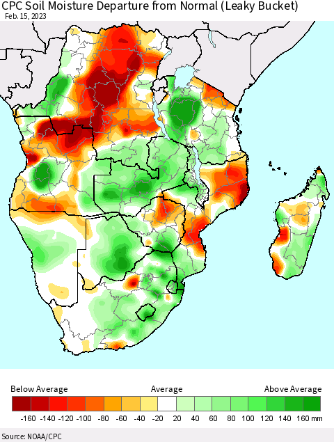 Southern Africa CPC Soil Moisture Departure from Normal (Leaky Bucket) Thematic Map For 2/11/2023 - 2/15/2023
