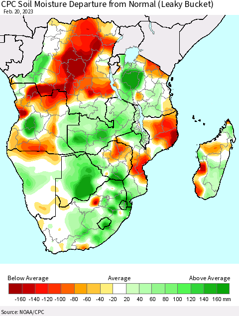 Southern Africa CPC Soil Moisture Departure from Normal (Leaky Bucket) Thematic Map For 2/16/2023 - 2/20/2023