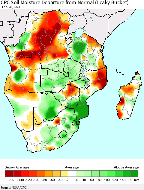 Southern Africa CPC Soil Moisture Departure from Normal (Leaky Bucket) Thematic Map For 2/26/2023 - 2/28/2023