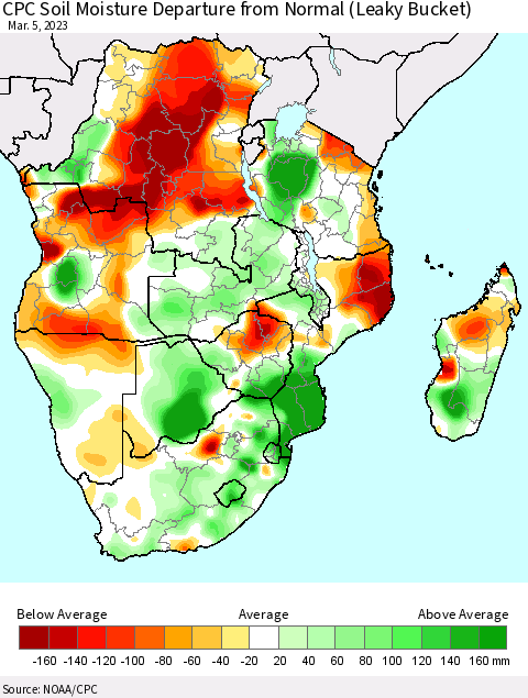 Southern Africa CPC Soil Moisture Departure from Normal (Leaky Bucket) Thematic Map For 3/1/2023 - 3/5/2023