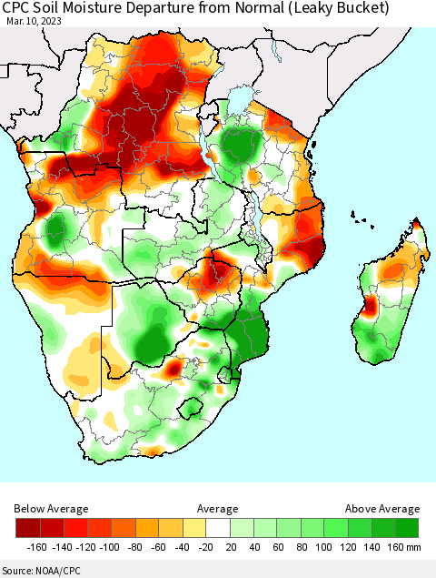 Southern Africa CPC Soil Moisture Departure from Normal (Leaky Bucket) Thematic Map For 3/6/2023 - 3/10/2023