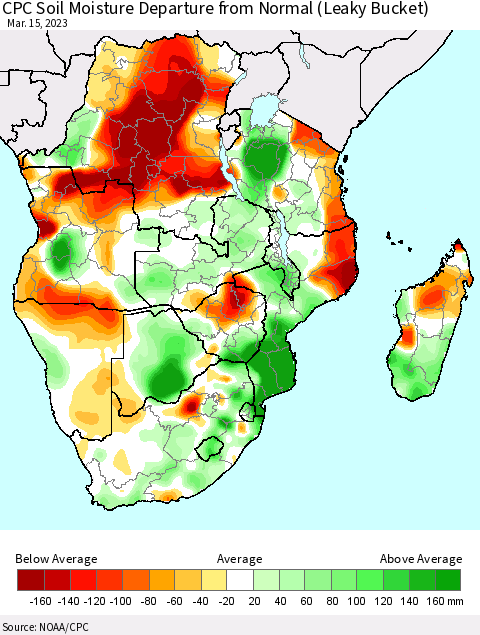Southern Africa CPC Soil Moisture Departure from Normal (Leaky Bucket) Thematic Map For 3/11/2023 - 3/15/2023