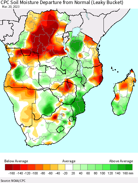 Southern Africa CPC Soil Moisture Departure from Normal (Leaky Bucket) Thematic Map For 3/16/2023 - 3/20/2023