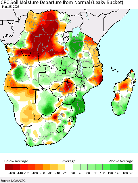 Southern Africa CPC Soil Moisture Departure from Normal (Leaky Bucket) Thematic Map For 3/21/2023 - 3/25/2023