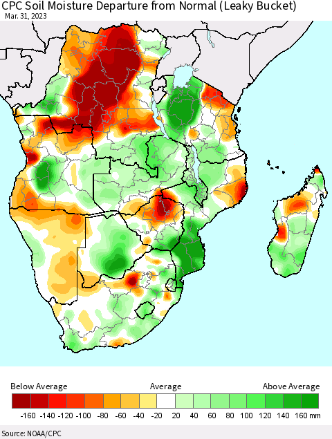 Southern Africa CPC Soil Moisture Departure from Normal (Leaky Bucket) Thematic Map For 3/26/2023 - 3/31/2023