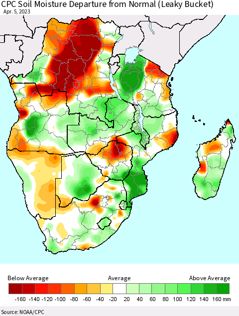Southern Africa CPC Soil Moisture Departure from Normal (Leaky Bucket) Thematic Map For 4/1/2023 - 4/5/2023