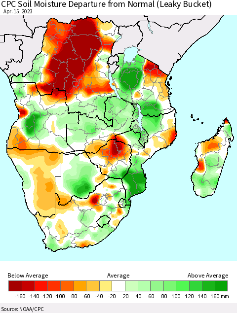 Southern Africa CPC Soil Moisture Departure from Normal (Leaky Bucket) Thematic Map For 4/11/2023 - 4/15/2023