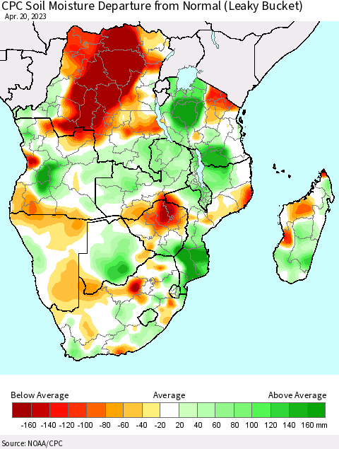 Southern Africa CPC Soil Moisture Departure from Normal (Leaky Bucket) Thematic Map For 4/16/2023 - 4/20/2023