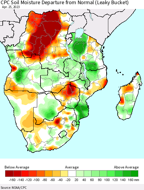 Southern Africa CPC Soil Moisture Departure from Normal (Leaky Bucket) Thematic Map For 4/21/2023 - 4/25/2023