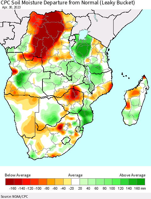 Southern Africa CPC Soil Moisture Departure from Normal (Leaky Bucket) Thematic Map For 4/26/2023 - 4/30/2023