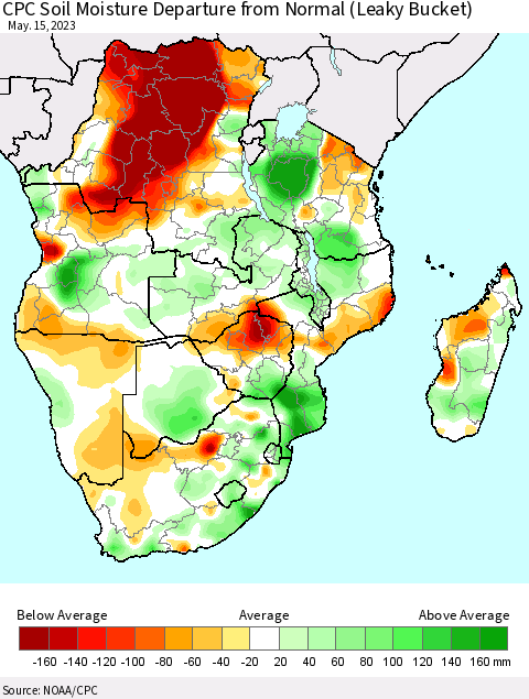 Southern Africa CPC Soil Moisture Departure from Normal (Leaky Bucket) Thematic Map For 5/11/2023 - 5/15/2023