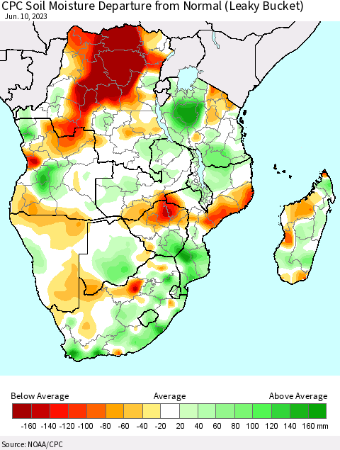 Southern Africa CPC Soil Moisture Departure from Normal (Leaky Bucket) Thematic Map For 6/6/2023 - 6/10/2023