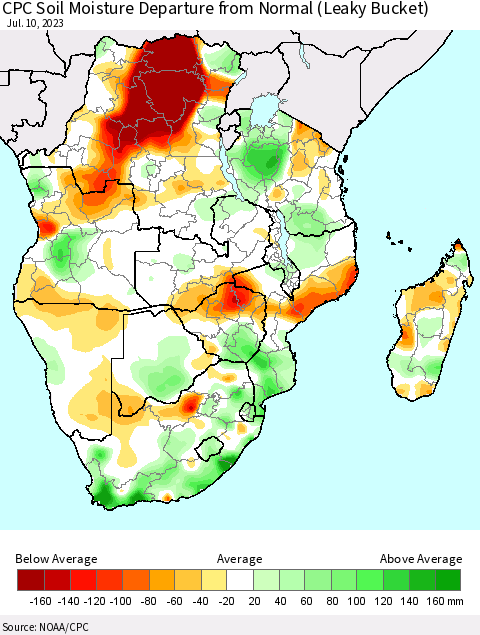 Southern Africa CPC Soil Moisture Departure from Normal (Leaky Bucket) Thematic Map For 7/6/2023 - 7/10/2023