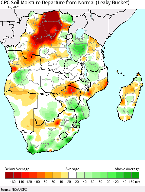 Southern Africa CPC Soil Moisture Departure from Normal (Leaky Bucket) Thematic Map For 7/11/2023 - 7/15/2023