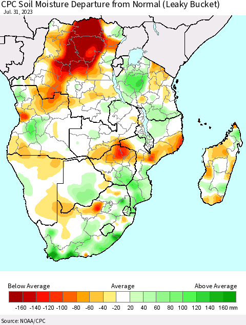 Southern Africa CPC Soil Moisture Departure from Normal (Leaky Bucket) Thematic Map For 7/26/2023 - 7/31/2023
