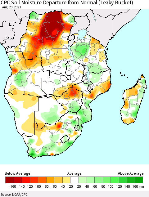 Southern Africa CPC Soil Moisture Departure from Normal (Leaky Bucket) Thematic Map For 8/16/2023 - 8/20/2023