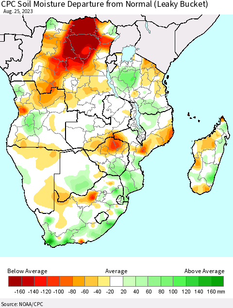 Southern Africa CPC Soil Moisture Departure from Normal (Leaky Bucket) Thematic Map For 8/21/2023 - 8/25/2023