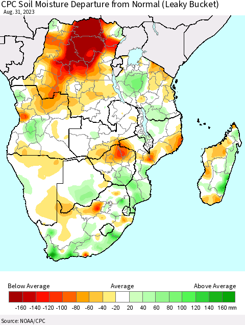 Southern Africa CPC Soil Moisture Departure from Normal (Leaky Bucket) Thematic Map For 8/26/2023 - 8/31/2023