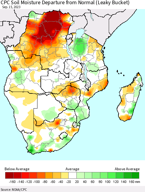 Southern Africa CPC Soil Moisture Departure from Normal (Leaky Bucket) Thematic Map For 9/11/2023 - 9/15/2023