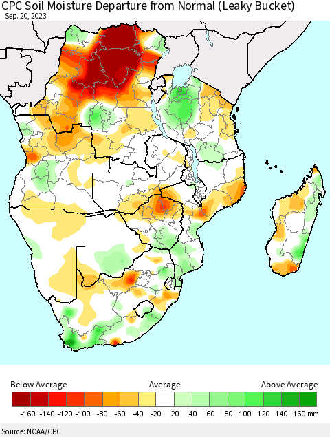Southern Africa CPC Soil Moisture Departure from Normal (Leaky Bucket) Thematic Map For 9/16/2023 - 9/20/2023