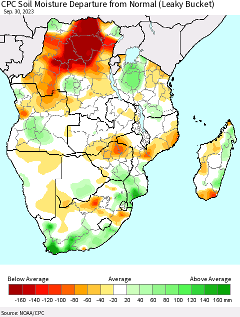 Southern Africa CPC Soil Moisture Departure from Normal (Leaky Bucket) Thematic Map For 9/26/2023 - 9/30/2023