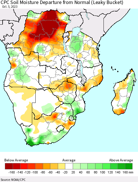 Southern Africa CPC Soil Moisture Departure from Normal (Leaky Bucket) Thematic Map For 10/1/2023 - 10/5/2023