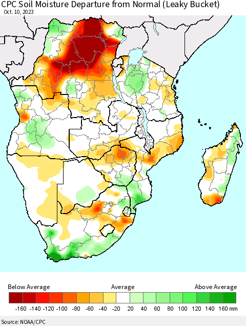 Southern Africa CPC Soil Moisture Departure from Normal (Leaky Bucket) Thematic Map For 10/6/2023 - 10/10/2023