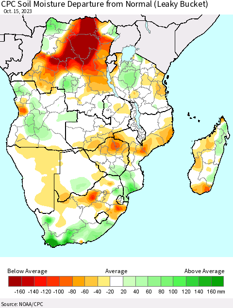Southern Africa CPC Soil Moisture Departure from Normal (Leaky Bucket) Thematic Map For 10/11/2023 - 10/15/2023