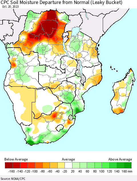 Southern Africa CPC Soil Moisture Departure from Normal (Leaky Bucket) Thematic Map For 10/16/2023 - 10/20/2023