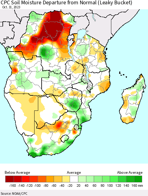 Southern Africa CPC Soil Moisture Departure from Normal (Leaky Bucket) Thematic Map For 10/26/2023 - 10/31/2023