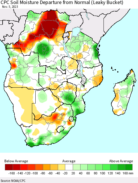 Southern Africa CPC Soil Moisture Departure from Normal (Leaky Bucket) Thematic Map For 11/1/2023 - 11/5/2023