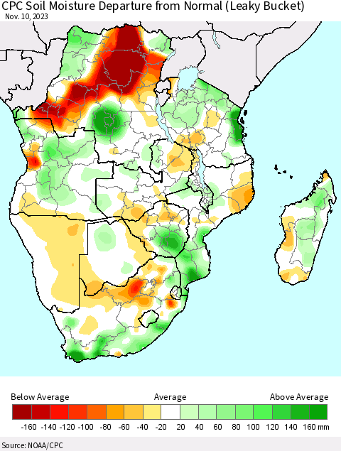 Southern Africa CPC Soil Moisture Departure from Normal (Leaky Bucket) Thematic Map For 11/6/2023 - 11/10/2023