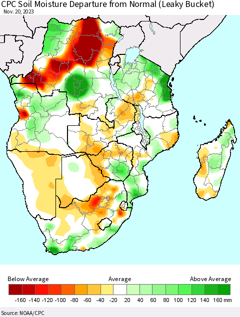Southern Africa CPC Soil Moisture Departure from Normal (Leaky Bucket) Thematic Map For 11/16/2023 - 11/20/2023