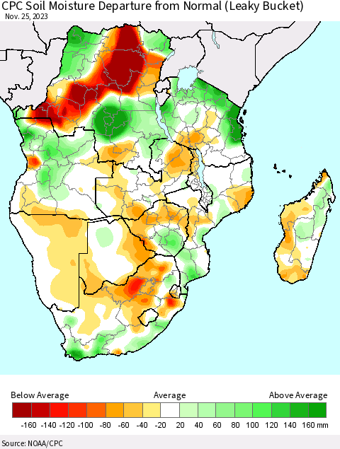 Southern Africa CPC Soil Moisture Departure from Normal (Leaky Bucket) Thematic Map For 11/21/2023 - 11/25/2023