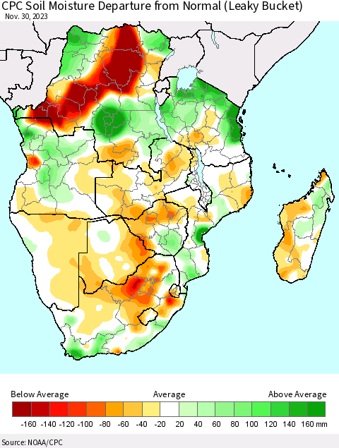 Southern Africa CPC Soil Moisture Departure from Normal (Leaky Bucket) Thematic Map For 11/26/2023 - 11/30/2023