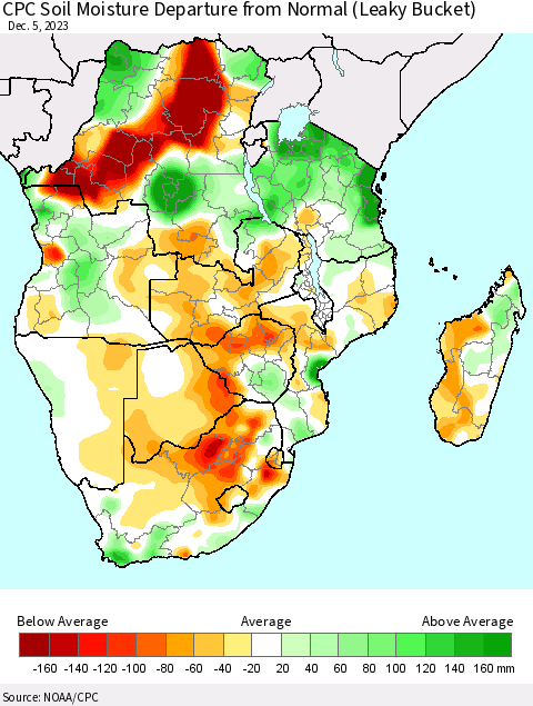 Southern Africa CPC Soil Moisture Departure from Normal (Leaky Bucket) Thematic Map For 12/1/2023 - 12/5/2023