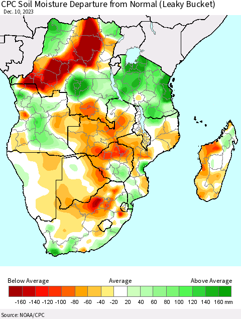 Southern Africa CPC Soil Moisture Departure from Normal (Leaky Bucket) Thematic Map For 12/6/2023 - 12/10/2023