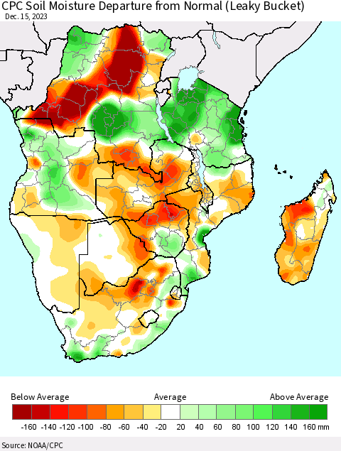 Southern Africa CPC Soil Moisture Departure from Normal (Leaky Bucket) Thematic Map For 12/11/2023 - 12/15/2023