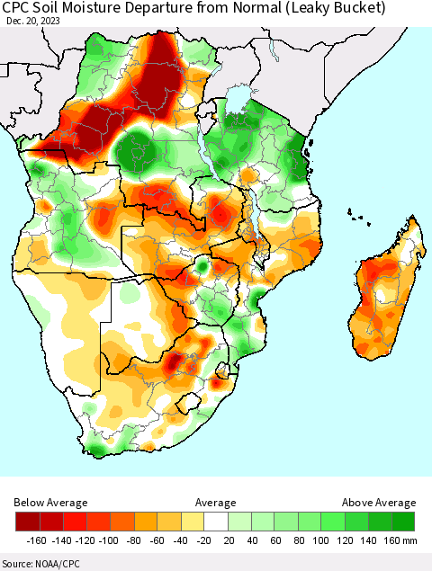 Southern Africa CPC Soil Moisture Departure from Normal (Leaky Bucket) Thematic Map For 12/16/2023 - 12/20/2023