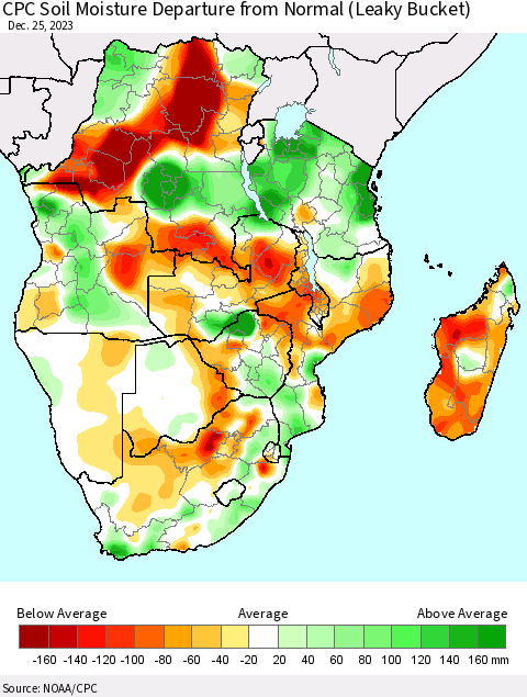 Southern Africa CPC Soil Moisture Departure from Normal (Leaky Bucket) Thematic Map For 12/21/2023 - 12/25/2023