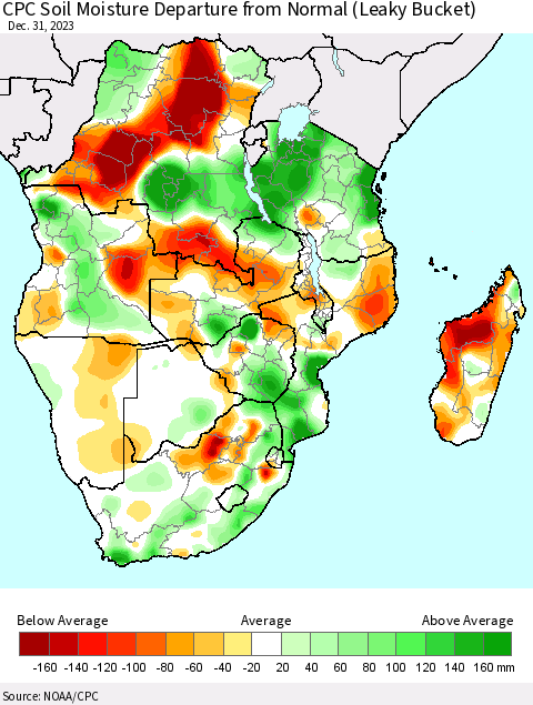Southern Africa CPC Soil Moisture Departure from Normal (Leaky Bucket) Thematic Map For 12/26/2023 - 12/31/2023