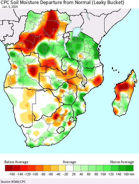 Southern Africa CPC Soil Moisture Departure from Normal (Leaky Bucket) Thematic Map For 1/1/2024 - 1/5/2024